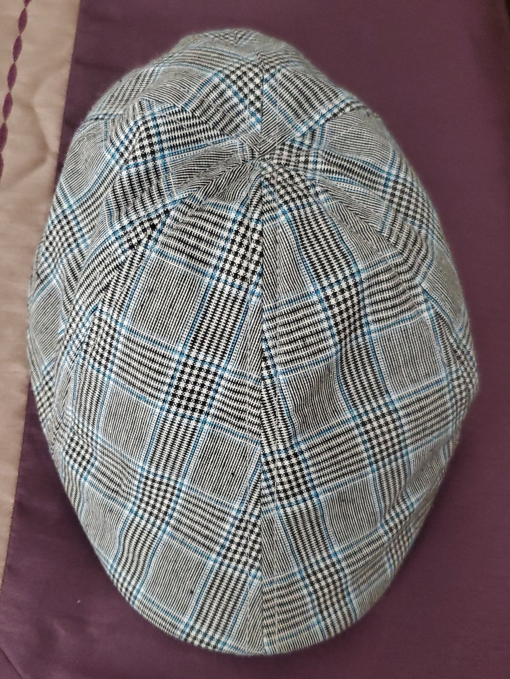 Men's Grey Plaid Flat Cap with Blue Windowpane Accent